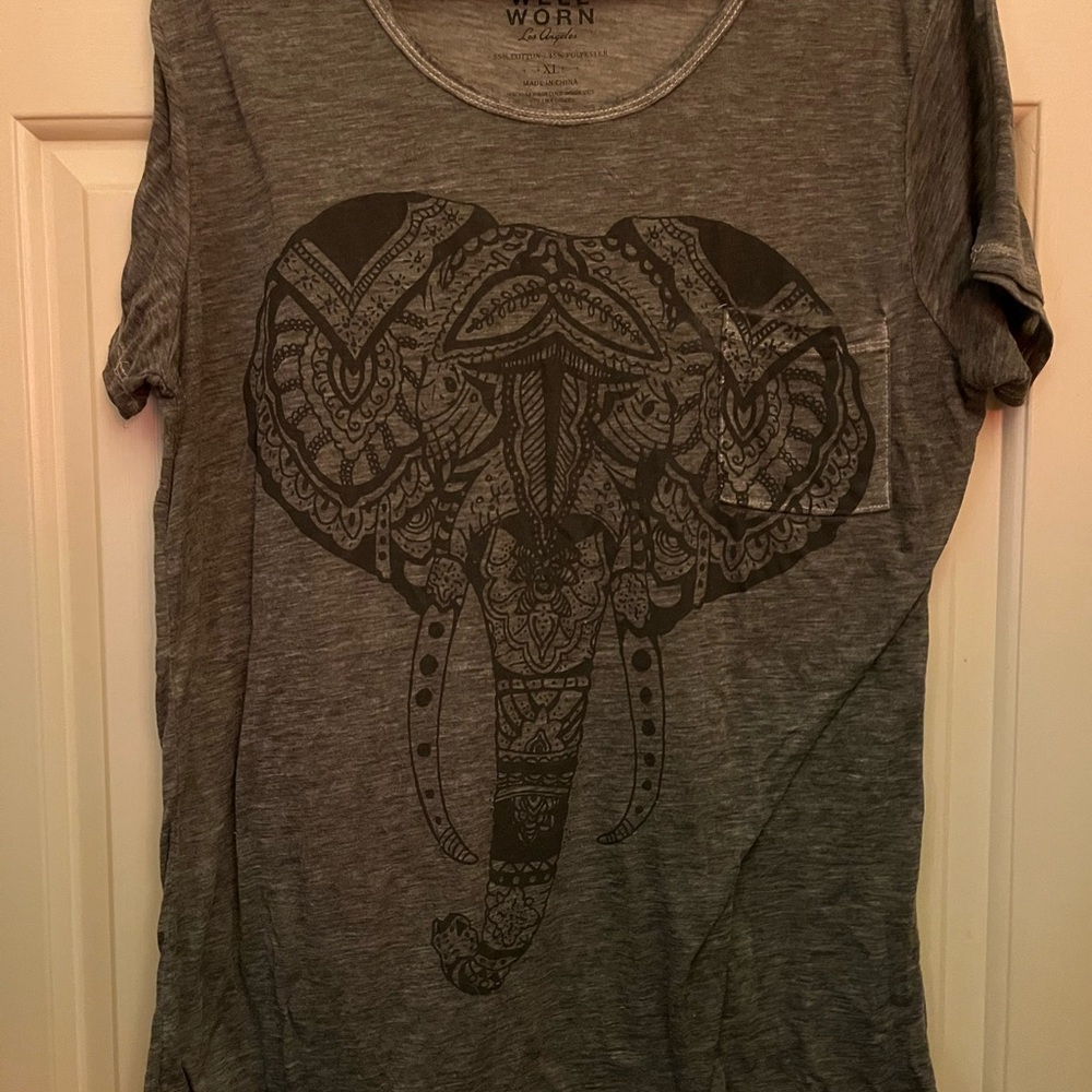 Well Worn Gray Short Sleeve Tee with Black Elephant Print